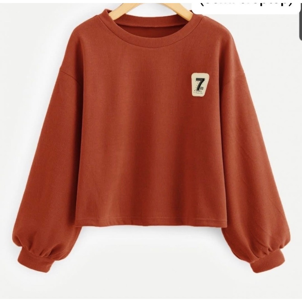 (A10) Vogue 7 Ribbed Cropped Sweatshirt Rust Orange Lantern Sleeve Large